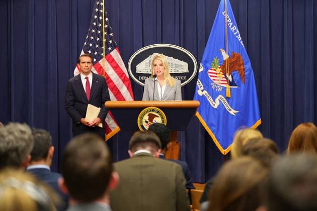 August 25, 2025, Washington, Dc, United States: U.S Attorney General Pam Bondi, right, delivers remarks during a press conference about Kilmar Abrego Garcia as Deputy Attorney General Todd Blanche, left, looks on at the Justice Department, June 6, 2025 in Washington, D.C. Bondi announced, without evidence, that Kilmar Abrego Garcia will face human smuggling charges. Washington United States - ZUMAp138 20250825_zaa_p138_027 Copyright: xDojx U.SxJusticex