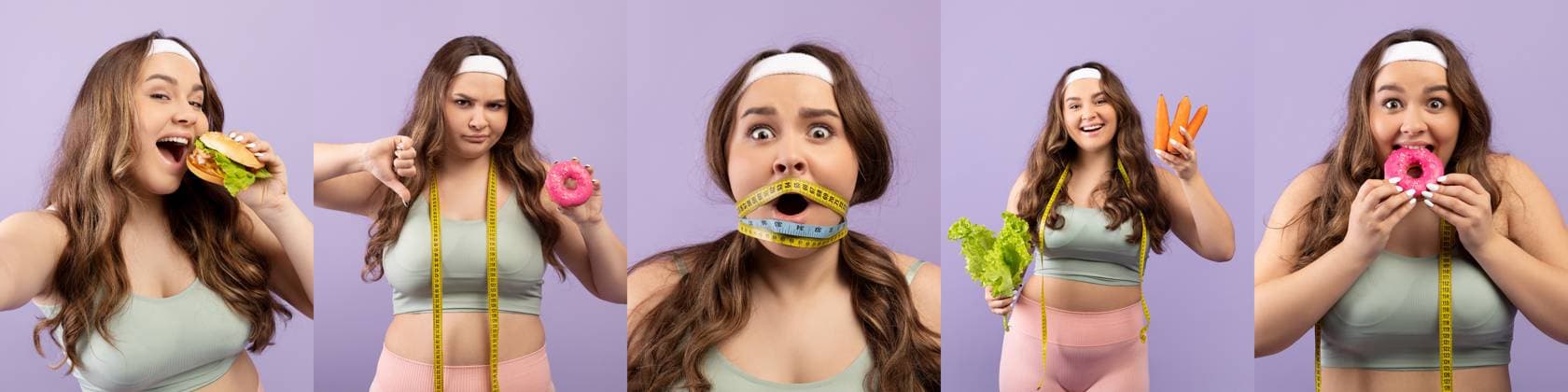 A woman displays playful emotions holding food items while measuring herself Obese woman engages with various food items, wearing a measuring tape around her face and smiling. She showcases fun expressions while highlighting the contrast between food and body image., model released, , 63220482.jpg RECORD DATE NOT STATED