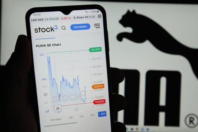 RECORD DATE NOT STATED Auf einem Smartphone wurde die Website der Stock3 AG mit dem Aktienkurs des Sportartikelanbieters PUMA geöffnet. Dahinter wurde das Logo der Gesellschaft PUMA aufgerufen. Symbolbild Symbolfoto. Schnelsen Hamburg *** The website of Stock3 AG was opened on a smartphone with the share price of the sporting goods supplier PUMA Behind it, the logo of the company PUMA was called up Symbol image Symbol photo Schnelsen Hamburg