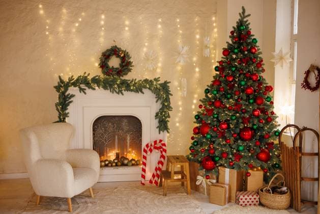 Evening festive Christmas interior in Scandinavian style decorated with garlands, Christmas tree Interior of a festive living room with a fireplace, an armchair and a Christmas tree in the evening, decorated with New Year s garlands, 63148812.jpg RECORD DATE NOT STATED