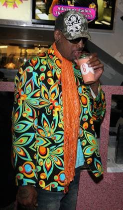 Dennis Rodman makes an appearance at Millions Of Milkshakes in Culver City Westfield Mall to create his signature shake for charity. The Dennis Rodman GTOX Hangover Blocker Shake consists of pineapple, mango, strawberries, vanilla ice cream, and a six ounce GTOX Hangover Blocker citrus-flavoured detox shot. Los Angeles,, California, United States WENN 3461285.jpg