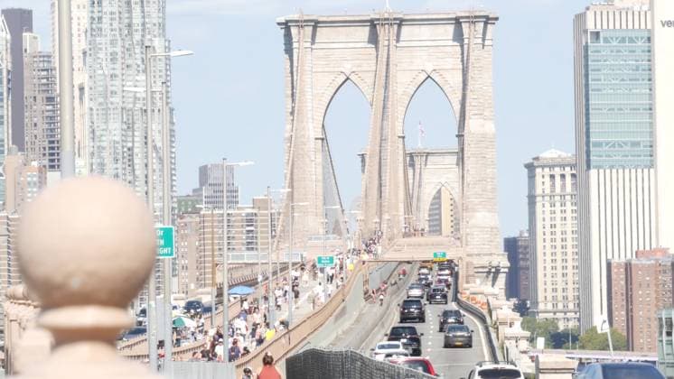 RECORD DATE NOT STATED Cars on Brooklyn Bridge. New York City Manhattan skyline, downtown cityscape. Road traffic, people. New York City, United States - 3 Sept 2023: Cars on Brooklyn Bridge from Manhattan downtown to Dumbo. Financial district skyline cityscape. Road traffic, people walking and USA architecture., 64417688.jpg