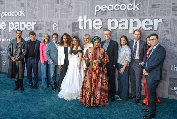 August 27, 2025, Pasadena, California, USA: The whole cast and producers are taking a group photo together on the red carpet at the premiere of Ã¢â‚¬oeThe PaperÃ¢â‚¬Â tv show event on August 27th, 2025 at HARMONY GOLD 7655 W. Sunset Boulevard Pasadena USA - ZUMAt169 20250827_zep_t169_024 Copyright: xConnorxTerryx