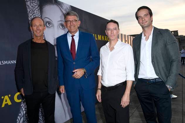 Thomas Rabe, Wolfram Weimer, Sascha Schwingel und Thomas Coesfeld beim Eröffnungsempfang der UFA Filmnächte 2025 auf der Dachterrasse der Bertelsmann Repräsentanz. Berlin, 27.08.2025