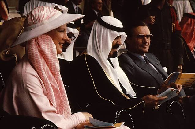 RECORD DATE NOT STATED Saudi Arabia , March 1984, ( (Photo..Francis Dean Deanpictures)H-M-The queen of demark and princ ehenrik fo denmark were welcome by saudi king fahd at jedda airport in and queen and prince with othr saudi orffical .