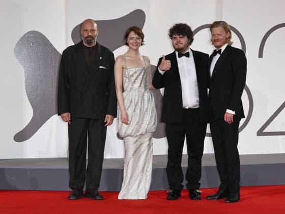 Venice, 82nd Venice International Film Festival 2025 - Evening 2. Red Carpet Film Bugonia. Pictured: Aidan Delbis, Jesse Plemons, Emma Stone, Yorgos Lanthimos  Copyright: xSimonexComix xipa-agency.netx xPoolxPhotoxEventsx06x IPA_Agency_IPA63492806