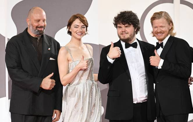 Greek director Yorgos Lantimos, American actress Emma Stone, actors Aidan Delbis and Jesse Plemons attend the premiere of Bugonia at the 82nd Venice Film Festival in Venice, Italy on Thursday, August 28, 2025.  VEN20250828158 RUNExHELLESTAD