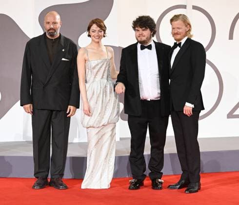 Greek director Yorgos Lantimos, American actress Emma Stone, actors Aidan Delbis and Jesse Plemons attend the premiere of Bugonia at the 82nd Venice Film Festival in Venice, Italy on Thursday, August 28, 2025.  VEN20250828160 RUNExHELLESTAD