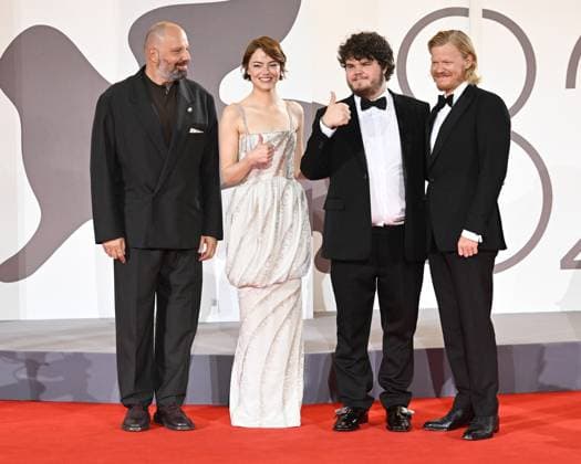 Greek director Yorgos Lantimos, American actress Emma Stone, actors Aidan Delbis and Jesse Plemons attend the premiere of Bugonia at the 82nd Venice Film Festival in Venice, Italy on Thursday, August 28, 2025.  VEN20250828161 RUNExHELLESTAD