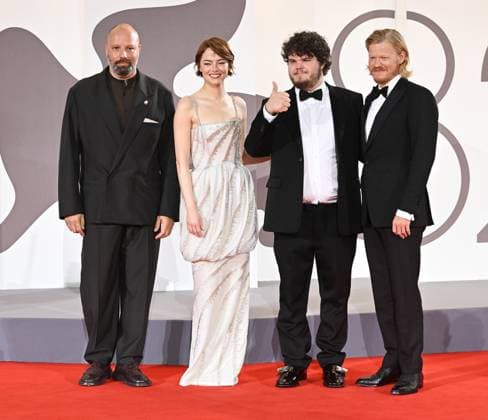 Greek director Yorgos Lantimos, American actress Emma Stone, actors Aidan Delbis and Jesse Plemons attend the premiere of Bugonia at the 82nd Venice Film Festival in Venice, Italy on Thursday, August 28, 2025.  VEN20250828162 RUNExHELLESTAD