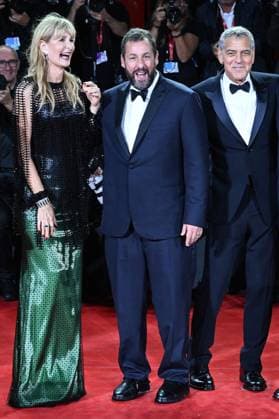 American actress Laura Dern, actors Adam Sandler and George Clooney attend the premiere of Jay Kelly at the 82nd Venice Film Festival in Venice, Italy on Thursday, August 28, 2025.  VEN20250828195 RUNExHELLESTAD