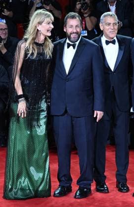 American actress Laura Dern, actors Adam Sandler and George Clooney attend the premiere of Jay Kelly at the 82nd Venice Film Festival in Venice, Italy on Thursday, August 28, 2025.  VEN20250828197 RUNExHELLESTAD
