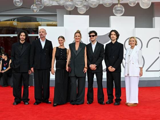 Venice, ITALY: Venice, 82nd Venice International Film Festival 2025 - evening 3 - red carpet of the film A Pied D Oeuvre - In the photo: Sayyid El Alami, Julien Colonna, Lou Lampros, Agathe Riedinger, Zoran Boukherma, Ludovic Boukherma, guest Venice ITALY  - ZUMAp169 20250829_zea_p169_685 Copyright: xManuelexMangiarottix