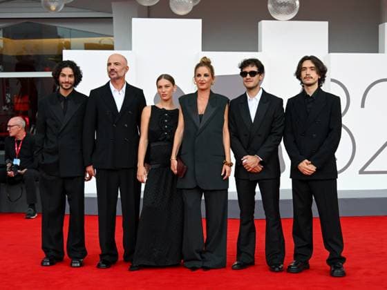 Venice, ITALY: Venice, 82nd Venice International Film Festival 2025 - evening 3 - red carpet of the film A Pied D Oeuvre - In the photo: Sayyid El Alami, Julien Colonna, Lou Lampros, Agathe Riedinger, Zoran Boukherma, Ludovic Boukherma Venice ITALY  - ZUMAp169 20250829_zea_p169_711 Copyright: xManuelexMangiarottix