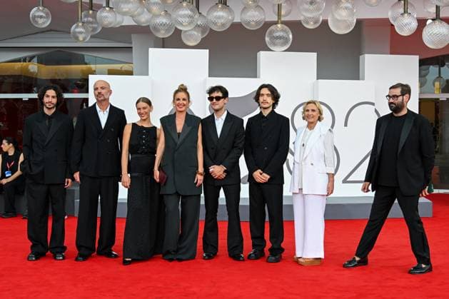 Venice, ITALY: Venice, 82nd Venice International Film Festival 2025 - evening 3 - red carpet of the film A Pied D Oeuvre - In the photo: Sayyid El Alami, Julien Colonna, Lou Lampros, Agathe Riedinger, Zoran Boukherma, Ludovic Boukherma, guest Venice ITALY  - ZUMAp169 20250829_zea_p169_741 Copyright: xManuelexMangiarottix