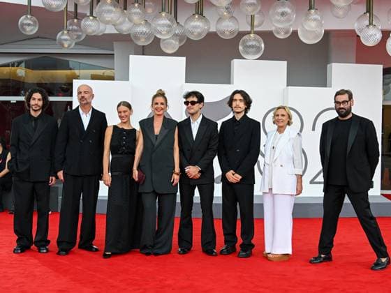 Venice, ITALY: Venice, 82nd Venice International Film Festival 2025 - evening 3 - red carpet of the film A Pied D Oeuvre - In the photo: Sayyid El Alami, Julien Colonna, Lou Lampros, Agathe Riedinger, Zoran Boukherma, Ludovic Boukherma, guest Venice ITALY  - ZUMAp169 20250829_zea_p169_753 Copyright: xManuelexMangiarottix
