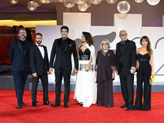 Venice, 82nd Venice International Film Festival 2025 - Evening 3 - The Red Carpet for the film Calle Malaga. Pictured: Stop the Genocide in Gaza: Nabil Ayouch, Maryam Touzani, Carmen Maura, Ahmed Boulane, and Marta Etura.  Copyright: xManuelexMangiarottix xipa-agency.netx xPoolxPhotoxEventsx06x IPA_Agency_IPA63587625