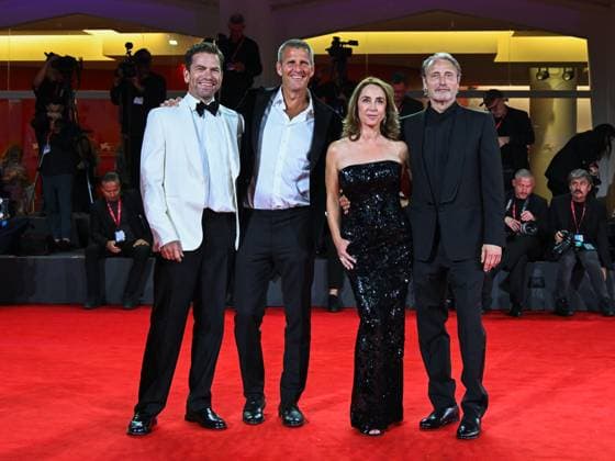 Venice, ITALY: Venice, 82nd Venice International Film Festival 2025 - Evening 4 - Red Carpet of the Film The Last Viking - In the photo: Anders Thomas Jensen, Sofie Grabol, Nikolaj Lie Kaas Mads Mikkelsen, Venice ITALY  - ZUMAp169 20250830_zea_p169_2125 Copyright: xManuelexMangiarottix