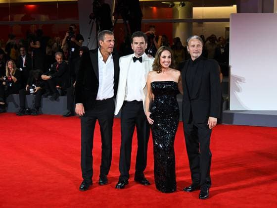 Venice, ITALY: Venice, 82nd Venice International Film Festival 2025 - Evening 4 - Red Carpet of the Film The Last Viking - In the photo: Anders Thomas Jensen, Sofie Grabol, Nikolaj Lie Kaas Mads Mikkelsen, Venice ITALY  - ZUMAp169 20250830_zea_p169_2106 Copyright: xManuelexMangiarottix