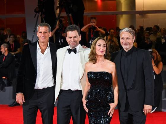 Venice, ITALY: Venice, 82nd Venice International Film Festival 2025 - Evening 4 - Red Carpet of the Film The Last Viking - In the photo: Anders Thomas Jensen, Sofie Grabol, Nikolaj Lie Kaas Mads Mikkelsen, Venice ITALY  - ZUMAp169 20250830_zea_p169_2117 Copyright: xManuelexMangiarottix