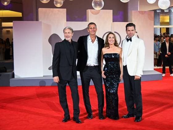 Venice, ITALY: Venice, 82nd Venice International Film Festival 2025 - Evening 4 - Red Carpet of the Film The Last Viking - In the photo: Mads Mikkelsen, Anders Thomas Jensen, Sofie Grabol, Nikolaj Lie Kaas Venice ITALY  - ZUMAp169 20250830_zea_p169_2118 Copyright: xManuelexMangiarottix