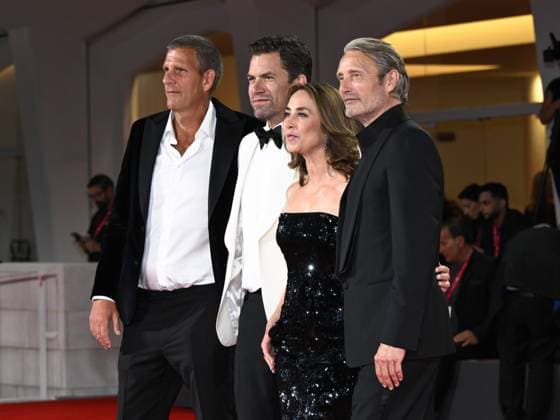 Venice, Italy: Venice, 82nd Venice International Film Festival 2025 - Evening 4 - Red Carpet of the Film The Last Viking . In the photo Anders Thomas Jensen, Nikolaj Lie Kaas, Sofie Grabol and Mads Mikkelsen Venice Italy  - ZUMAp169 20250830_zea_p169_1879 Copyright: xSimonexComix