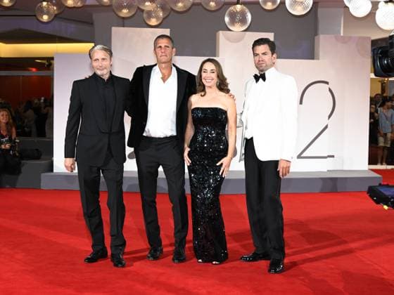 Venice, Italy: Venice, 82nd Venice International Film Festival 2025 - Evening 4 - Red Carpet of the Film The Last Viking . In the photo Anders Thomas Jensen, Nikolaj Lie Kaas, Sofie Grabol and Mads Mikkelsen Venice Italy  - ZUMAp169 20250830_zea_p169_1885 Copyright: xSimonexComix