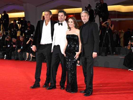Venice, Italy: Venice, 82nd Venice International Film Festival 2025 - Evening 4 - Red Carpet of the Film The Last Viking . In the photo Anders Thomas Jensen, Nikolaj Lie Kaas, Sofie Grabol and Mads Mikkelsen Venice Italy  - ZUMAp169 20250830_zea_p169_1884 Copyright: xSimonexComix