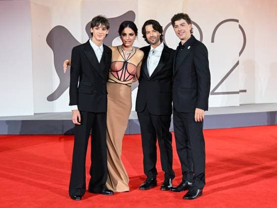 Venice, ITALY: Venice, 82nd Venice International Film Festival 2025 - Evening 4 - Red Carpet for the film The Valley of Smiles - Pictured: Giulio Feltri, Romana Maggiora Vergano, Paolo Strippoli, Michele Riondino Venice ITALY  - ZUMAp169 20250830_zea_p169_1997 Copyright: xManuelexMangiarottix
