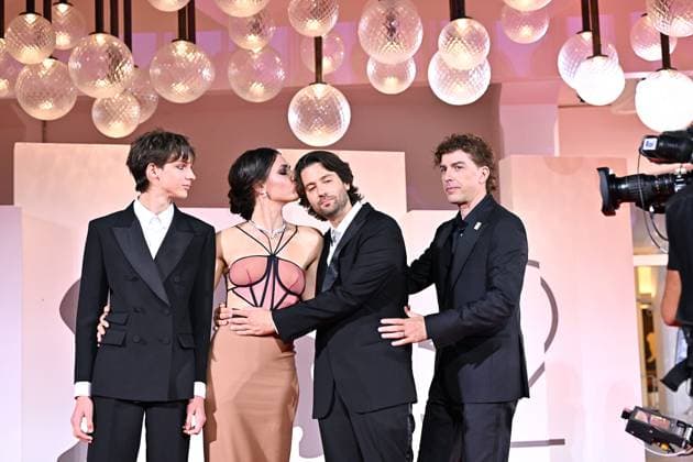 La valle dei sorrisi Red Carpet - The 82nd Venice International Film Festival Paolo Strippoli, Michele Riondino, Romana Maggiora Vergano, Giulio Feltri during La valle dei sorrisi Red Carpet - The 82nd Venice International Film Festival, Venice, Italy 30 August 2025, Credit:Maria Laura Antonelli Avalon Italy, Venice  Copyright: xMariaxLauraxAntonellix xAvalonx 1032866546