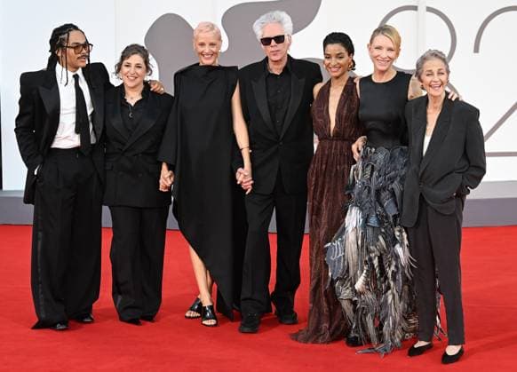 American director Jim Jarmusch, actress Indya Moore, actor Luka Sabbat, Australian actress Cate Blanchett, German actress Vicky Krieps and British actress Charlotte Rampling attend the premiere of Father Mother Sister Brother at the 82nd Venice Film Festival in Venice, Italy on Sunday, August 31, 2025.  VEN20250831170 RUNExHELLESTAD