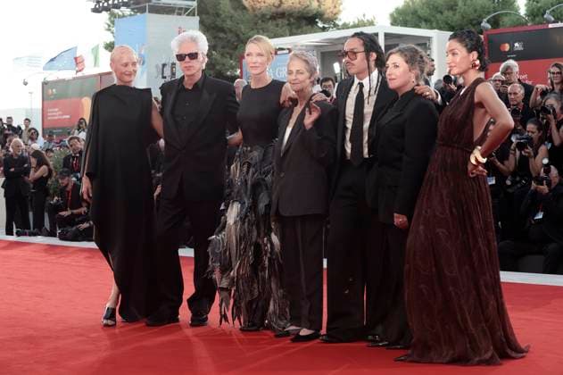 Vicky Krieps, Jim Jarmusch, Cate Blanchett, Charlotte Rampling, Luka Sabbat, Mayim Bialik, and Indya Moore attends the Father Mother Sister Brother red carpet during the 82nd Venice International Film Festival on Sunday, August 31, 2025 in Venice, Italy.  VEN20250831222 RoccoxSpaziani