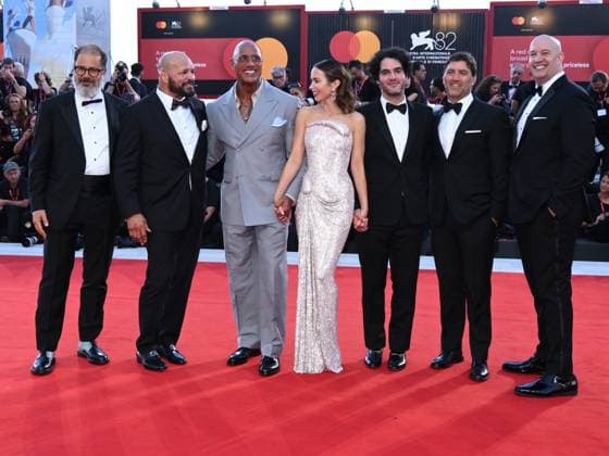 Venice, Italy: Venice, 82nd Venice International Film Festival 2025 - evening 6, red carpet of the film The Smashing Machine . In the photo Andrea Romeo, Mark Kerr, Dwayne Johnson, Emily Blunt, Benny Safdie, David Koplan and Hiram Garcia Venice Italy  - ZUMAp169 20250901_zea_p169_1333 Copyright: xAlbertoxTerenghix