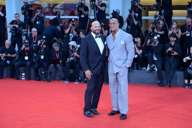 The Smashing machine red carpet in Italy - 01 Sept 2025 Mark Kerr (L) and Dwayne Johnson (R) attend the red carpet of the film The smashing machine at 82 Venice Film Festival at Palazzo del cinema. Venice Lido Italy Copyright: xMarioxCartellix xSOPAxImagesx _DSC5279