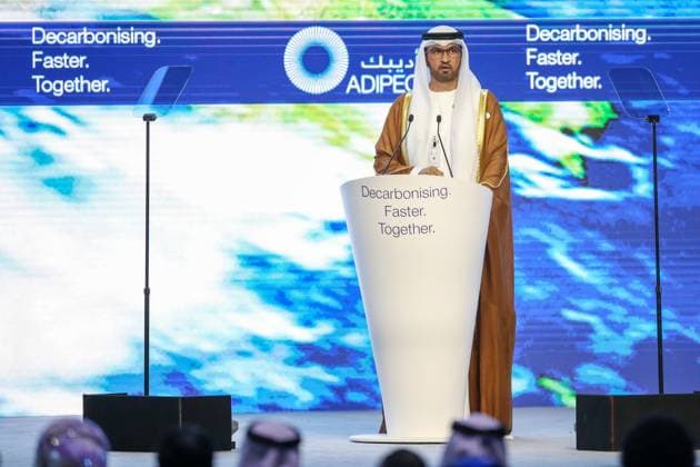 Abu Dhabi International Petroleum Exhibition and Conference ABU DHABI, UNITED ARAB EMIRATES - OCTOBER 02: The Minister of Industry and Advanced Technology of the United Arab Emirates and COP28 President-Designate, Sultan Al Jaber speaks during the Abu Dhabi International Petroleum Exhibition and Conference (ADIPEC) in Abu Dhabi, United Arab Emirates on October 02, 2023. Many companies operating in the field of oil, energy and gas production from different countries, including Turkiye, attended the exhibition. Abu Dhabi United Arab Emirates. Editorial use only. Please get in touch for any other usage.  Copyright: x2025xAnadoluxWaleedxZeinx