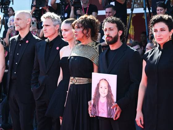 Venice, ITALY: Venice, 82nd Venice International Film Festival 2025 - day 8 - red carpet of the film The Voice Of Hind Rajab - In the photo, Andrea Romeio, Joaquin Phoenix, Rooney Mara, James Wilson, Odessa Rae, Nadim Cheikhrouha and Nadim Cheikhrouha Venice ITALY  - ZUMAp169 20250903_zea_p169_953 Copyright: xManuelexMangiarottix