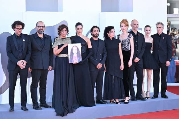 Venice The Voice Of Hind Rajab Premiere AM Tunisian producer Nadim Cheikhrouha, Israelian actor Amer Hlehel, Tunisian director Kaouther Ben Hania, actress Saja Kilani, actor Motaz Malhees, actress Clara Khoury, producer Odessa Rae, Jim Wilson, US actress Rooney Mara and US actor Joaquin Phoenix attending The Voice Of Hind Rajab Premiere as part of the 82nd Venice International Film Festival at the Lido in Venice, Italy on September 03, 2025. Photo by Aurore Marechal ABACAPRESS.COM Venice Italy Copyright: xMarechalxAurore ABACAx