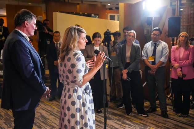 September 4, 2025, Toronto, On, CAN: Melanie Joly, Minister of Industry, and Dominic LeBlanc Minister responsible for Canada-U.S.Trade, and Intergovernmental Affairs speak to the media at the Liberal cabinet retreat in Toronto on Thursday September 4, 2025. Toronto CAN  - ZUMAc35_ 20250904_zaf_c35_029 Copyright: xChrisxYoungx