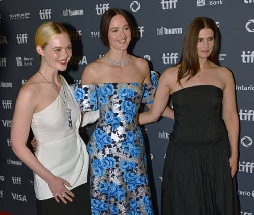 (L-R) Elle Fanning, Renate Reinsve and Inga Ibsdotter Lilleaas attend the premiere of Sentimental Value on opening night of the Toronto International Film Festival at the Princess of Wales Theatre in Toronto, Canada on Thursday, September 4, 2025. The festival is celebrating its milestone 50th edition this year and will feature 291 films from around the world.  TOR2025090436 CHRISxCHEW