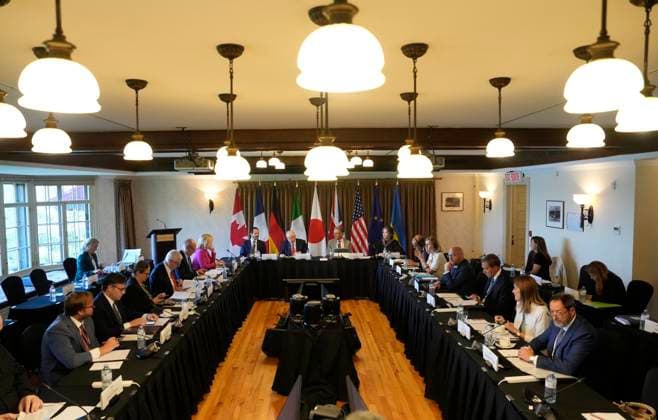 September 5, 2025, Chelsea, Pq, Canada: House of Commons Speaker Francis Scarpaleggia hosts colleagues from the G7, European Union and Ukraine at an event in Chelsea, Que., Friday, Sept. 5, 2025. Chelsea Canada  - ZUMAc35_ 20250905_zaf_c35_010 Copyright: xAdrianxWyldx