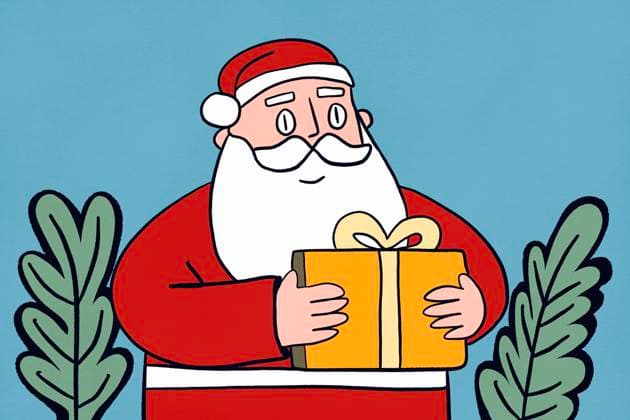 PR_ID30968_11644_XmasIii.jpg Illustration of Santa Claus clad in traditional red and white, holding a golden gift tied with a ribbon. Two green plants frame the image on a bright blue background., Property released Model Released HodeiUnzueta_ID30968_1051099_003 Copyright: xHodeixUnzuetax RECORD DATE NOT STATED