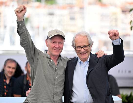 The Old Oak photocall at the 2023 Cannes Film Festival CANNES, FRANCE - MAY 27: British director Ken Loach (R) and British screenwriter Paul Laverty (L) pose during a photocall for the film The Old Oak in competition during the 76th Cannes Film Festival at Palais des Festivals in Cannes, France on May 27, 2023. Provence-Alpes-Cote d Azur France. Editorial use only. Please get in touch for any other usage.  Copyright: x2025xAnadoluxMustafaxYalcÄ±nx
