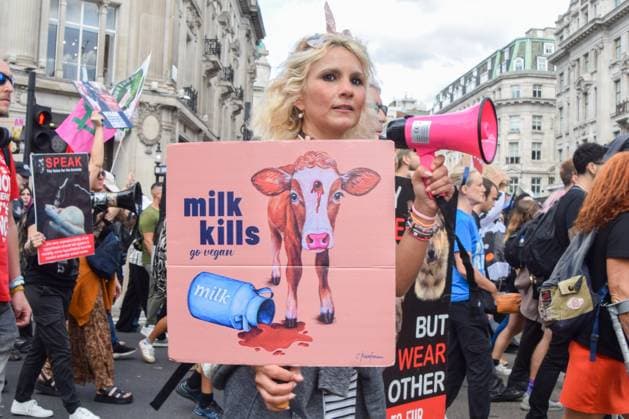September 6, 2025, London, United Kingdom: A protester holds an anti-milk placard during the Animal Rights March in Oxford Circus. Animal rights activists marched in central London in protest against all forms of animal exploitation and abuse, and to urge people to go vegan. London United Kingdom - ZUMAs197 20250906_aaa_s197_717 Copyright: xVukxValcicx
