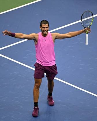 FLUSHING NY- SEPTEMBER 07: Carlos Alcaraz of Spain reacts after defeating Jannik Sinner of Italy 6-2 6-3 6-1 6-4 during the Men s Finals during the finals at the US Open On Arthur Ashe Stadium at the USTA Billie Jean King National Tennis Center on September 7, 2025 in Flushing Queens. Copyright: xmpi04x