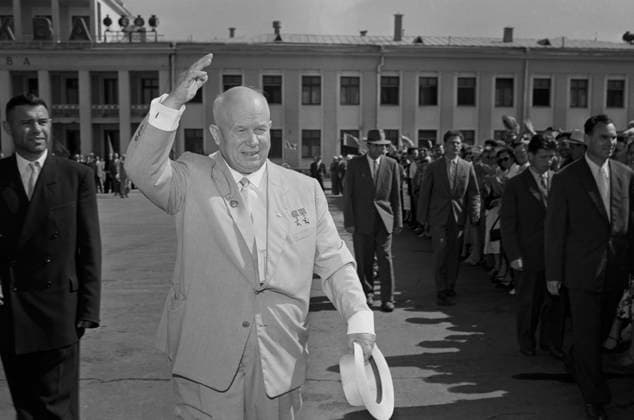 Moscow, USSR. Head of the Communist Party of the Soviet Union Nikita Khrushchev and members of the Soviet delegation greet people before their departure for Poland. AI-Colourised version ID 81748072. Valentin Sobolev TASS  32414896