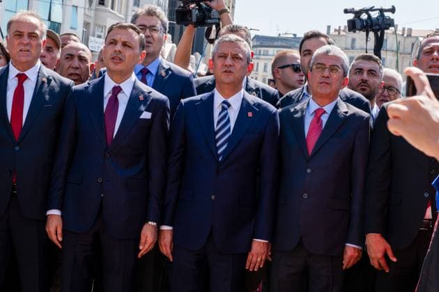 September 9, 2025, Istanbul, Turkey: zgür Ã‡elik (L) and Özgür Özel (R) side by side during the event. A wreath was laid at Taksim Square on the 102nd anniversary of the founding of the Republican People s Party (CHP). At the wreath-laying ceremony, CHP Chairman Ozgur Ozel and former Istanbul Provincial CHP members and citizens showed great interest in the ceremony. Chairman Ozgur Celik, who was replaced by a trustee, stood side by side. Istanbul Turkey - ZUMAs197 20250909_aaa_s197_099 Copyright: xMuratxKocabasx