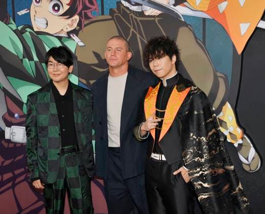 Cast members Channing Tatum, Natsuki Hanae and Aleks Le (L-R) attend the premiere of the animated motion picture fantasy thriller Demon Slayer: Kimetsu no Yaibi Infinity Castle at the TCL Chinese Theatre in the Hollywood section of Los Angeles on Tuesday, September 9, 2025.  LAP2025090924 JIMxRUYMEN