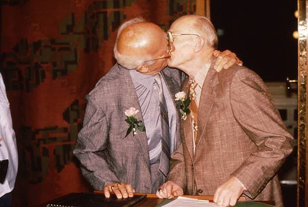 Copenhagen Denmark october 1st,1989 Worlds first and oldest gay couple took aoth at Copenhagen town hall Axel Axgil born Aksel Johannes Lundhal Madsen and Eigil Axeil born Ejgil Eskildsen they officail kissed in public at their civil marriage event in copenhagen Denmark.. (Photo.Francis Joseph Dean Dean Pictures) (Not for commercial use,and editorial use only)