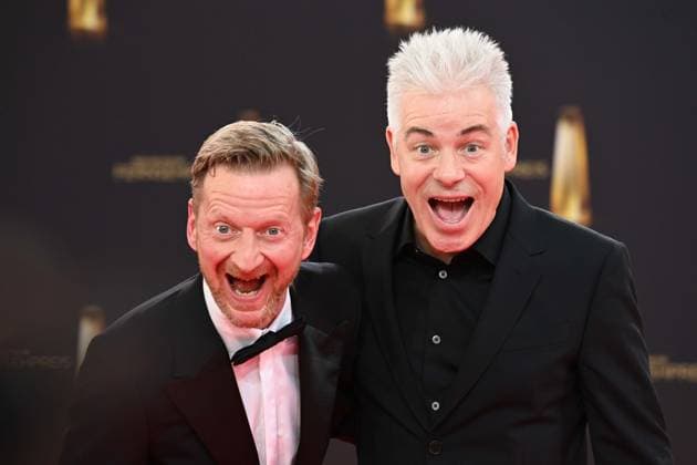 v.l. Michael KESSLER, Schauspieler, Michael MITTERMEIER, Comedian, Roter Teppich, Red Carpet Show, Ankunft, arrival, Verleihung des Deutschen Fernsehpreises, Der Deutsche Fernsehpreis 2025, Deutscher Fernsehpreis 2025 in den MMC Studios Koeln, am 10.09.2025.