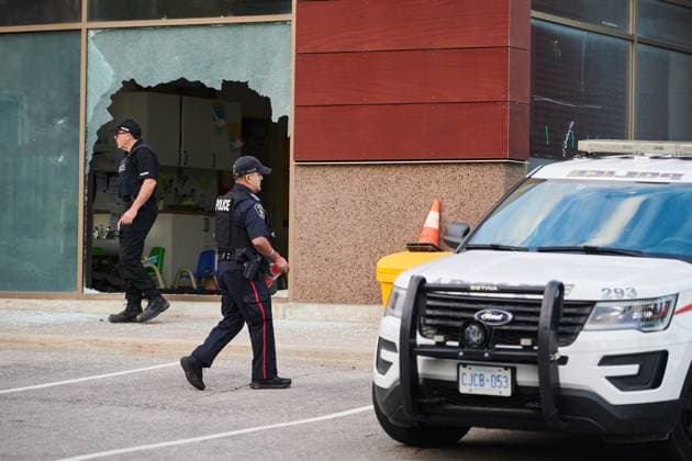 September 10, 2025, Richmond, On, Canada: Police assess the damage at First Roots Early Education Academy after a vehicle drove through a window in Richmond Hill, Ont., on Wednesday, Sept. 10, 2025. Richmond Canada  - ZUMAc35_ 20250910_zaf_c35_210 Copyright: xSammyxKoganx